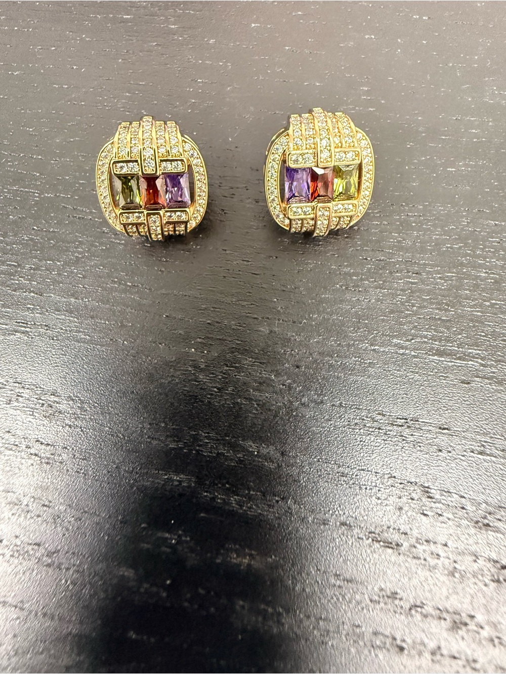 Gold Multi-Stone Clip-On Earrings with Purple, Green, and Red Stones